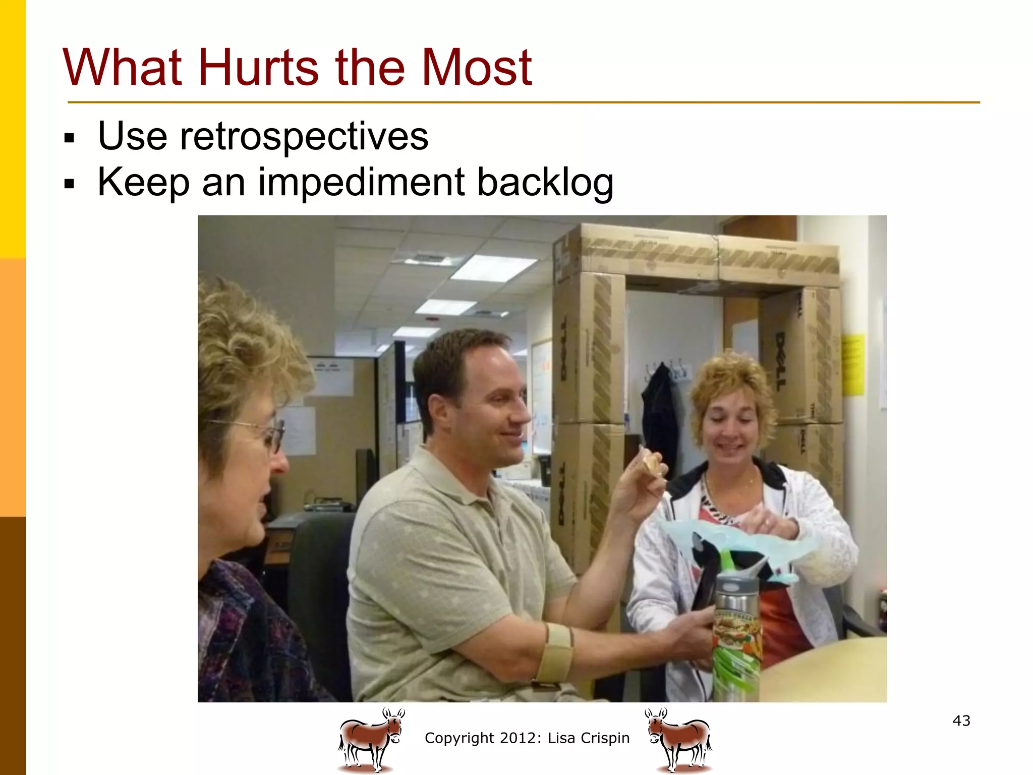 What Hurts the Most
§    Use retrospectives
§    Keep an impediment backlog




                                                     43
                      Copyright 2012: Lisa Crispin
 