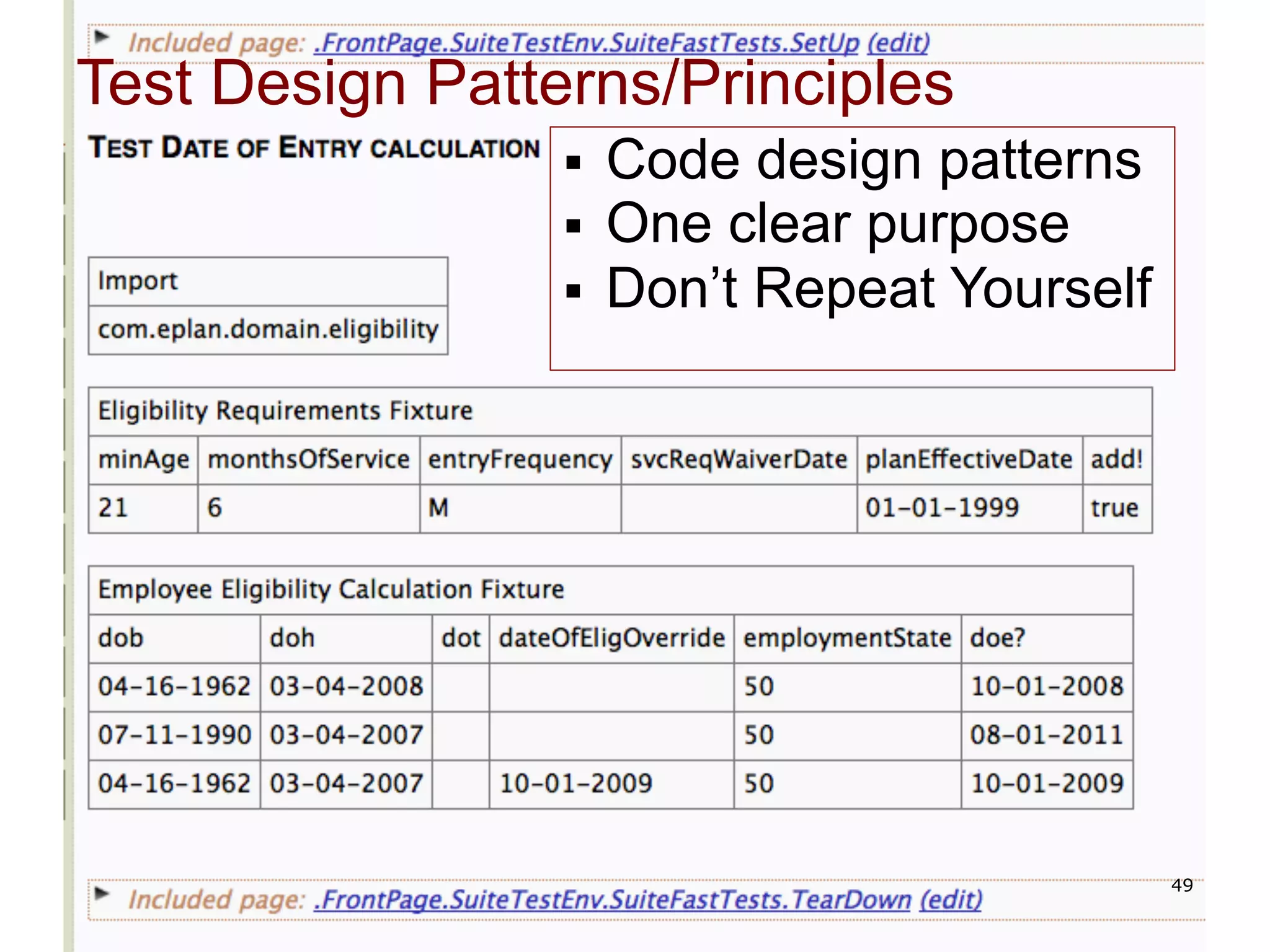 Test Design Patterns/Principles
                 §    Code design patterns
                 §    One clear purpose
                 §    Don’t Repeat Yourself




                                               49
 