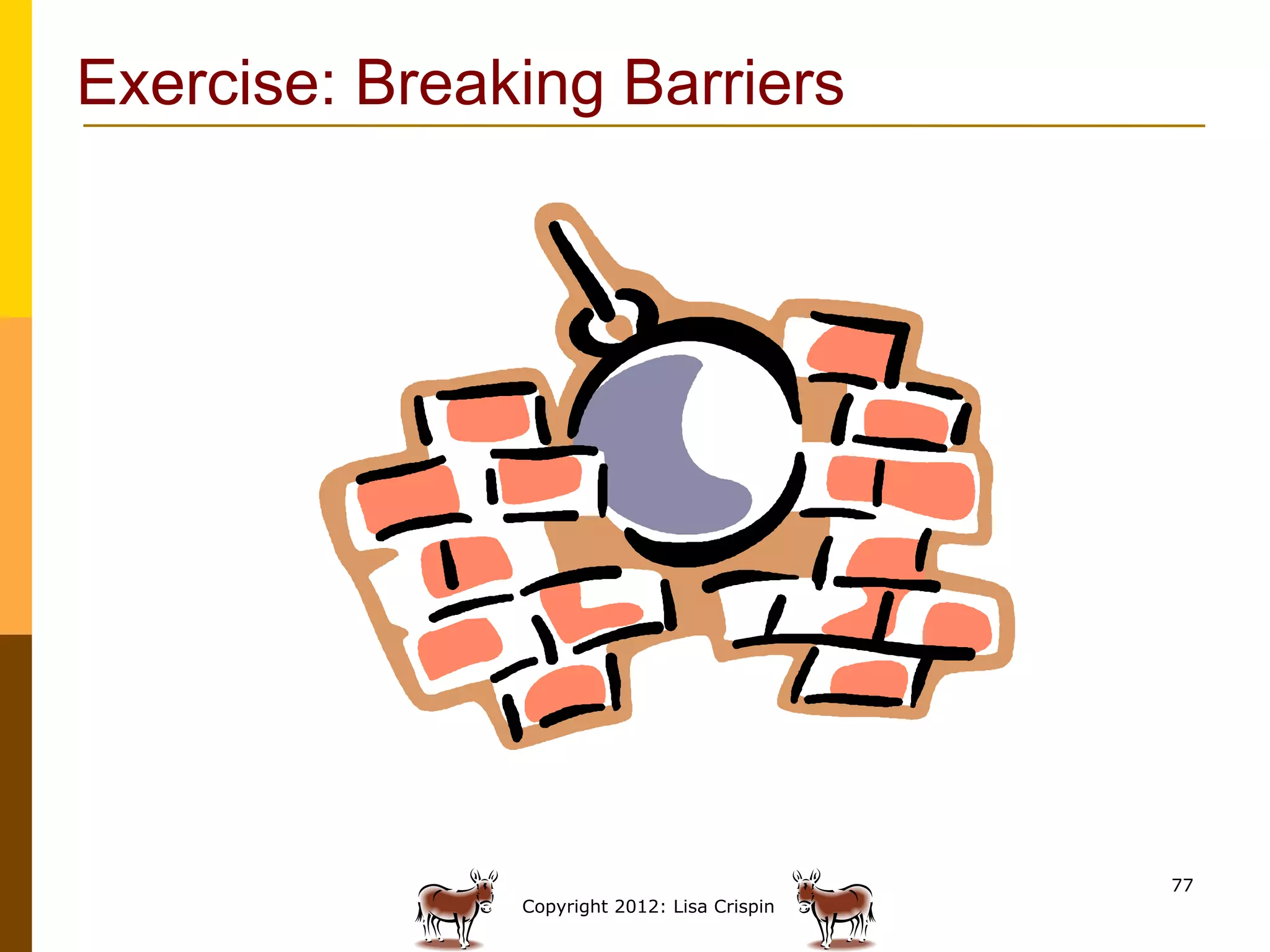 Exercise: Breaking Barriers




                                              77
               Copyright 2012: Lisa Crispin
 