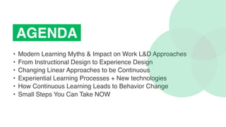 AGENDA
• Modern Learning Myths & Impact on Work L&D Approaches
• From Instructional Design to Experience Design
• Changing...
