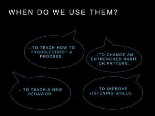 W H E N D O W E U S E T H E M ?
… T O T E A C H H O W T O
T R O U B L E S H O O T A
P R O C E S S . … T O C H A N G E A N
E N T R E N C H E D H A B I T
O R P A T T E R N .
… T O T E A C H A N E W
B E H A V I O R .
… T O I M P R O V E
L I S T E N I N G S K I L L S .
 