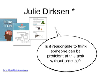 Julie Dirksen *
Is it reasonable to think
someone can be
proficient at this task
without practice?
http://usablelearning.com
 