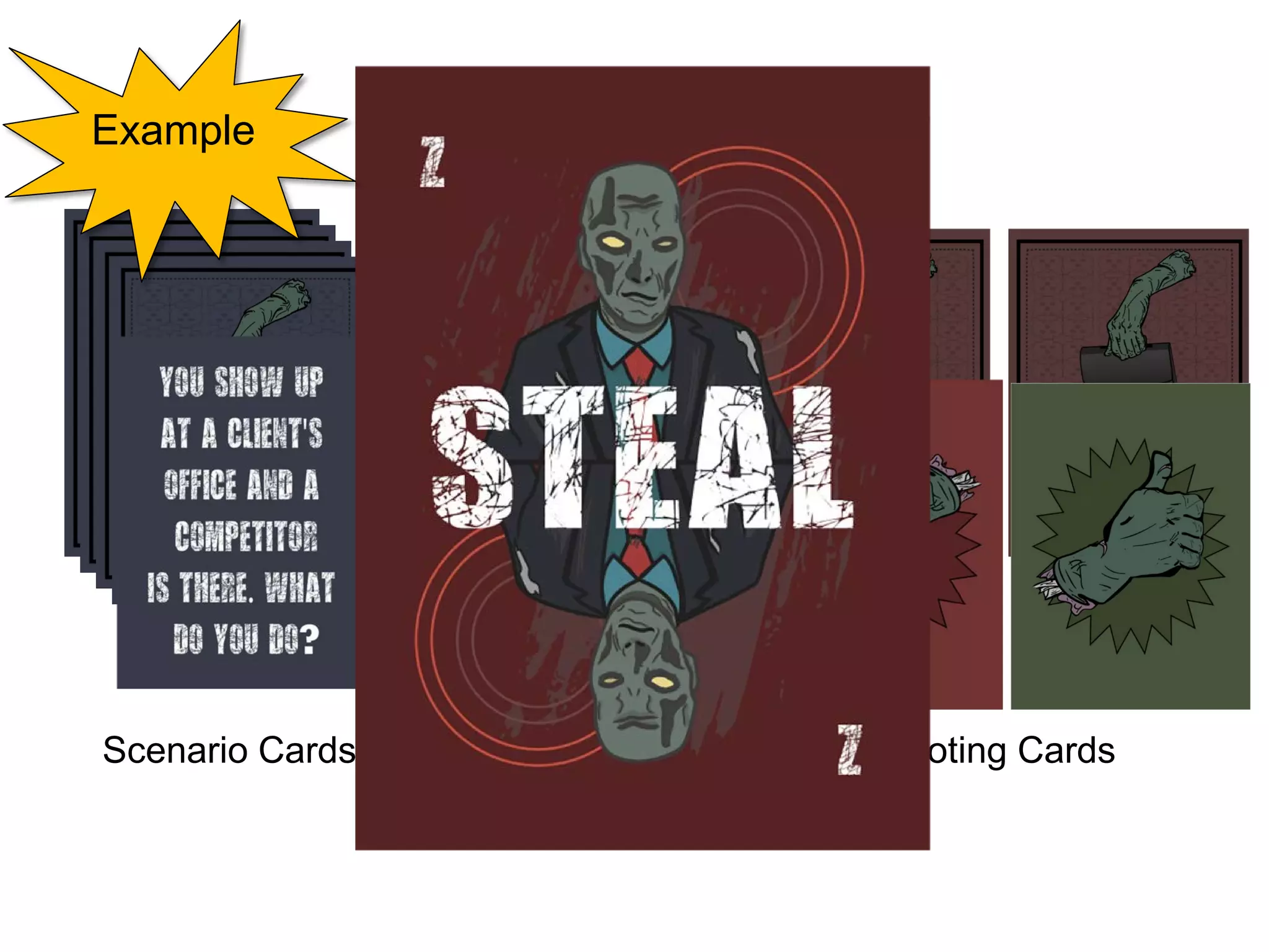 Zombie Sales Apocalypse
Scenario Cards Challenge Cards Voting Cards
Example
 