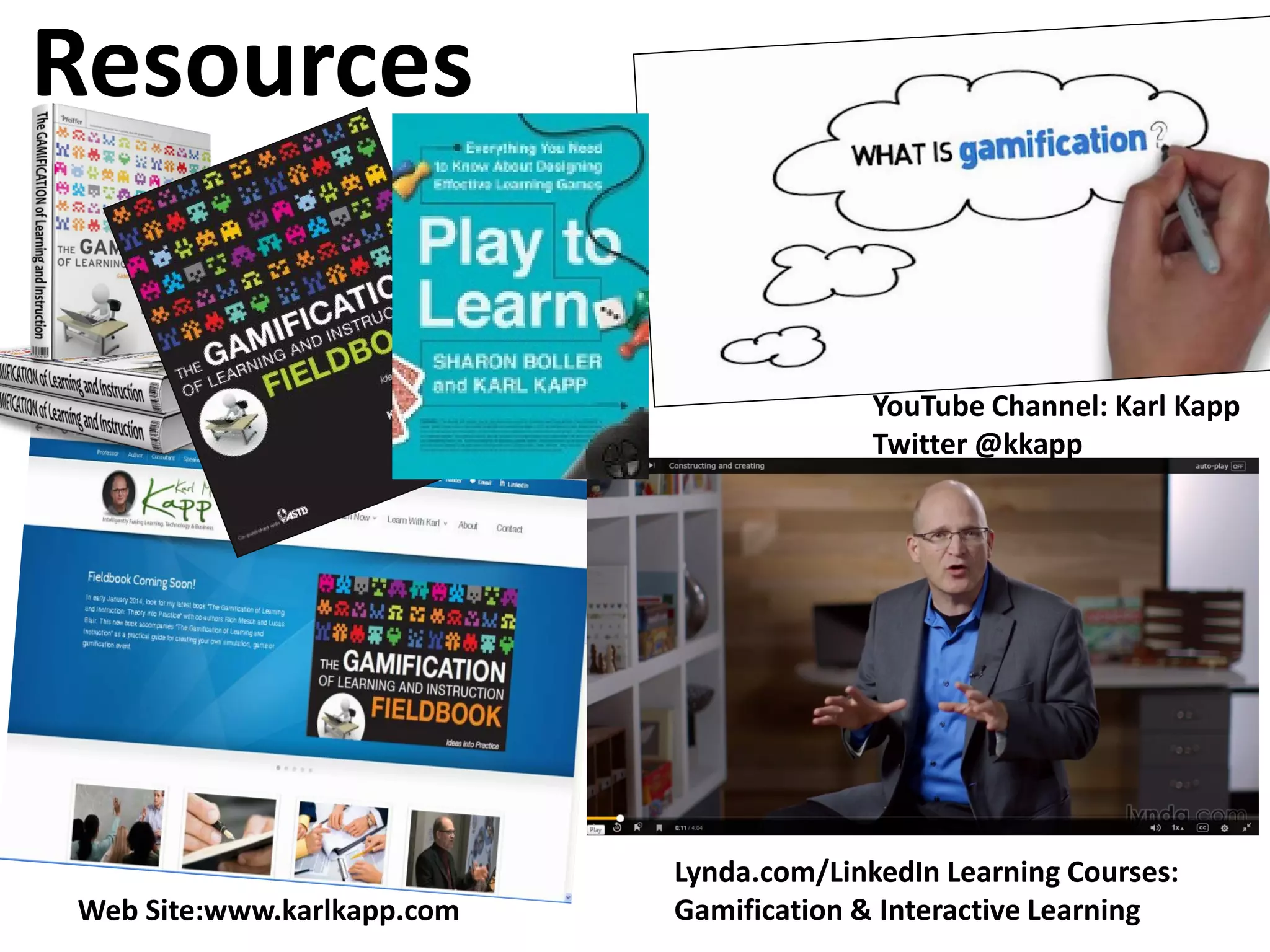 Lynda.com/LinkedIn Learning Courses:
Gamification & Interactive Learning
YouTube Channel: Karl Kapp
Twitter @kkapp
Web Site:www.karlkapp.com
Resources
 