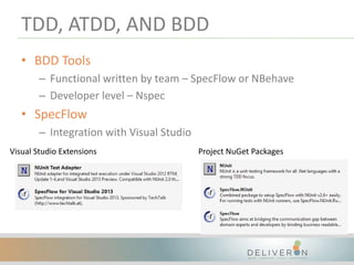 TDD, ATDD, AND BDD
• BDD Tools
– Functional written by team – SpecFlow or NBehave
– Developer level – Nspec
• SpecFlow
– Integration with Visual Studio
Visual Studio Extensions Project NuGet Packages
 