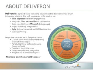 ABOUT DELIVERON
Deliveron is a project-based consulting organization that delivers business-driven
technology solutions. Our high success rate is the result of our:
• Team approach with client engagements
• Integrated client partnership and collaboration
• Deep expertise in core Microsoft technologies
• Project leadership and guidance
• Agile delivery framework and ALM best practices
• Strategic offerings
We provide solutions across five primary areas:
• Custom Application Development using
Microsoft Technologies
• Portals, Workflow, Collaboration, and
Enterprise Social
• Cloud and Hybrid Platforms
• Enterprise Application Integration
• Analytics and Business Intelligence
Nebraska Code Camp Gold Sponsor
 