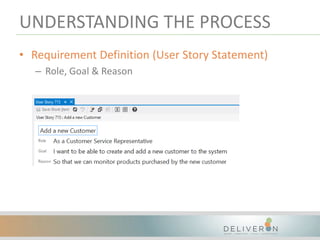 UNDERSTANDING THE PROCESS
• Requirement Definition (User Story Statement)
– Role, Goal & Reason
 