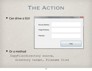 The Action
!  Can$drive$a$GUI$
!  Or$a$method$$
CopyFile(Directory source,
Directory target, Filename file)
115
 