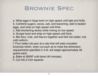 Brownie Spec
a. Whip eggs in large bowl on high speed until light and ﬂuffy.
b. Combine sugars, cocoa, salt, and leavening; add to beaten
eggs, and whip on high speed until thick.
c. Add shortening slowly while mixing on low speed.
d. Scrape bowl and whip on high speed until thick.
e. Mix ﬂour, nuts, and ﬂavors together and fold into batter; mix
until uniform.
f. Pour batter into pan at a rate that will yield uncoated
brownies which, when cut such as to meet the dimension
requirements speciﬁed in 3.4f, will weigh approximately 35
grams each.
g. Bake at 3500F until done (45 minutes).
h. Cut into 2 inch squares
27
 