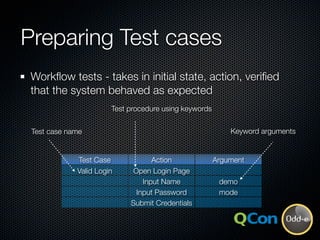 Preparing Test cases
Workﬂow tests - takes in initial state, action, veriﬁed
that the system behaved as expected
         ...