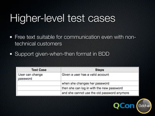 Higher-level test cases
 Free text suitable for communication even with non-
 technical customers
 Support given-when-then...