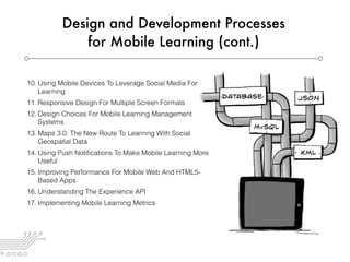 Design and Development Processes
for Mobile Learning (cont.)
10. Using Mobile Devices To Leverage Social Media For
Learning
11. Responsive Design For Multiple Screen Formats
12. Design Choices For Mobile Learning Management  
Systems
13. Maps 3.0: The New Route To Learning With Social
Geospatial Data
14. Using Push Notiﬁcations To Make Mobile Learning More
Useful
15. Improving Performance For Mobile Web And HTML5-
Based Apps
16. Understanding The Experience API
17. Implementing Mobile Learning Metrics
 