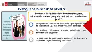 ENFOQUE DE IGUALDAD DE GÉNERO
Promueve la equidad entre hombres y mujeres,
eliminando estereotipos y discriminaciones basadas en el
género.
Se organiza un taller donde niñas y niños participan en roles
no tradicionales (ej.: ellas en robótica, ellos en tejido).
Se analizan críticamente anuncios publicitarios que
refuerzan roles de género.
Se promueve la participación equitativa de hombres y
mujeres en cargos de liderazgo estudiantil.
 
