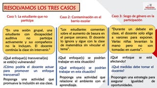 RESOLVAMOS LOS TRES CASOS
"En una sesión grupal, una
estudiante con discapacidad
auditiva no participa
activamente y sus compañeros
no la incluyen. El docente
continúa la clase sin intervenir."
¿Qué enfoque(s) transversal(es)
se está(n) vulnerando?
Caso 1: La estudiante que no
participa
¿Cómo podría el docente actuar
para promover un enfoque
transversal?
Proponga una actividad que
promueva la inclusión en esa clase.
Caso 2: Contaminación en el
barrio escolar
"Los estudiantes comentan
sobre el aumento de basura en
el parque cercano. El docente
lo ignora y sigue con la clase
de matemática sin vincular el
tema”.
"Durante un debate en
clase, el docente solo elige
a varones para exponer.
Varias niñas levantan la
mano pero no son
tomadas en cuenta“.
¿Qué enfoque(s) se podrían
trabajar en esta situación?
¿Qué enfoque(s) se podrían
trabajar en esta situación?
Proponga una actividad que
relacione el ambiente con el
aprendizaje.
Caso 3: Sesgo de género en la
participación
¿Qué enfoque se está
afectando?
¿Qué medidas debe tomar el
docente?
Propongan una estrategia para
asegurar igualdad de
oportunidades.
 