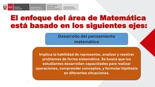 El enfoque del área de Matemática
está basado en los siguientes ejes:
Desarrollo del pensamiento
matemático
Implica la habilidad de representar, analizar y resolver
problemas de forma sistemática. Se busca que los
estudiantes desarrollen capacidades para realizar
operaciones, comprender conceptos, y formular hipótesis
en diferentes situaciones.
 