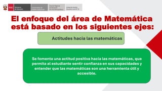 El enfoque del área de Matemática
está basado en los siguientes ejes:
Actitudes hacia las matemáticas
Se fomenta una actitud positiva hacia las matemáticas, que
permita al estudiante sentir confianza en sus capacidades y
entender que las matemáticas son una herramienta útil y
accesible.
 