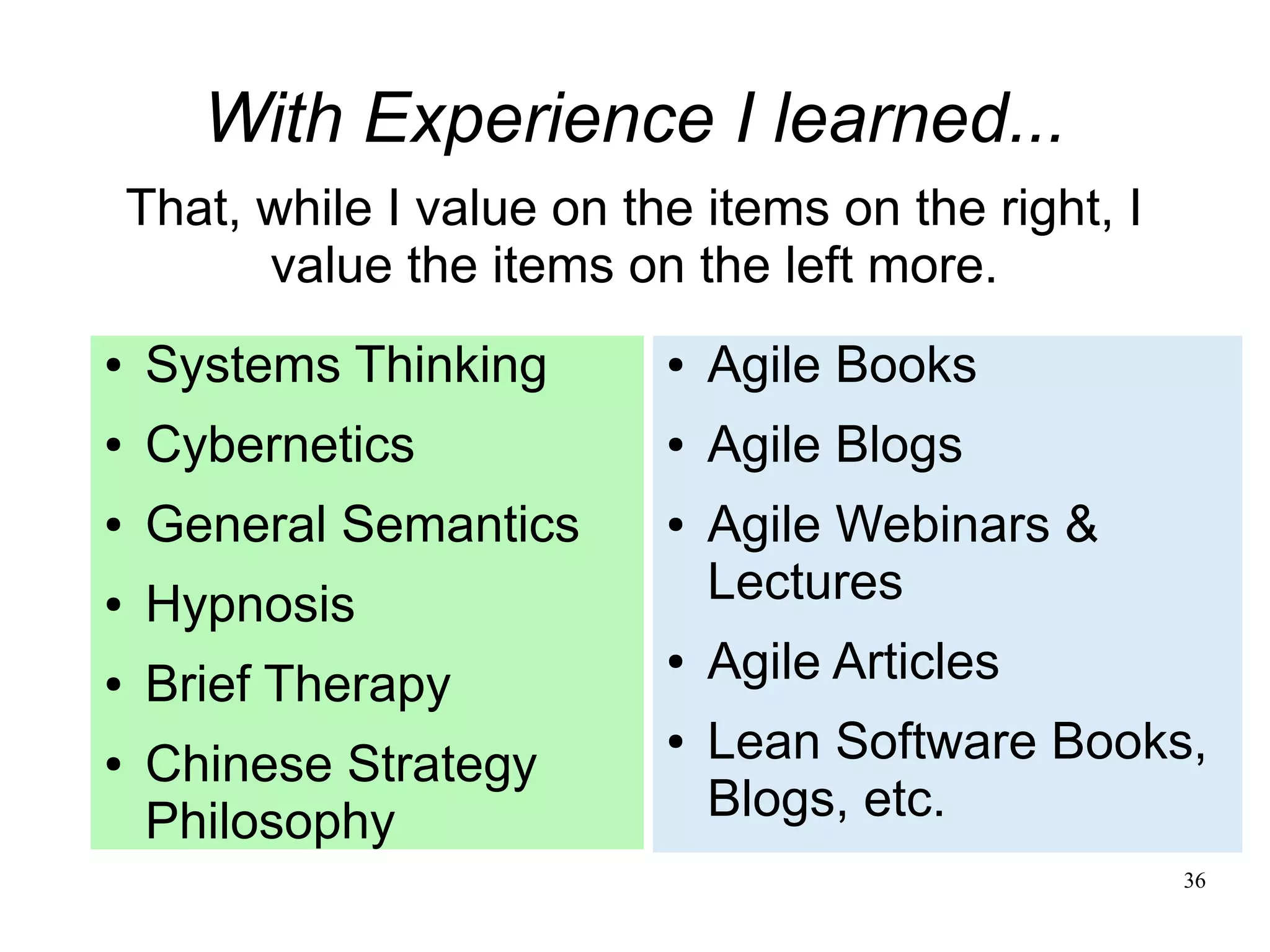 36 With Experience I learned... That, while I value on the items on the right, I value the items on the left more. ● Systems Thinking ● Cybernetics ● General Semantics ● Hypnosis ● Brief Therapy ● Chinese Strategy Philosophy ● Agile Books ● Agile Blogs ● Agile Webinars & Lectures ● Agile Articles ● Lean Software Books, Blogs, etc. 