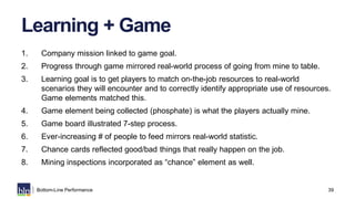 39Bottom-Line Performance
Learning + Game
1. Company mission linked to game goal.
2. Progress through game mirrored real-w...