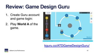47Bottom-Line Performance
Review: Game Design Guru
1. Create Guru account
and game login:
2. Play World A of the
game.
kgu...