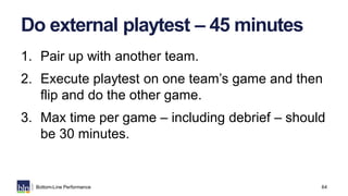64Bottom-Line Performance
Do external playtest – 45 minutes
1. Pair up with another team.
2. Execute playtest on one team’...