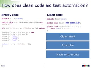5© 2016
How does clean code aid test automation?
Smelly code
private String szName;
public void setValueBetweenOneAndThree(int
u32Value) {
if(!(u32Value >= 1 && u32Value <= 3)) return;
HashMap<Integer, String> kv = new
HashMap<Integer, String>();
kv.put(0, “RED”);
kv.put(1, “GREEN”);
kv.put(2, “BLUE”);
szName = kv.get(u32Value - 1);
}
Clean code
private Color color;
public enum Color {RED,GREEN,BLUE};
public void setColor(Color color) {
this.color = color;
}
Clear intent
Extensible
Single responsibility
 