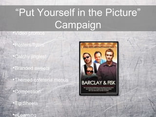 “Put Yourself in the Picture”
Campaign
•Video promos
•Posters/flyers
•Catchy jingles!
•Branded sweets
•Themed cafeteria menus
•Competition
•Tip Sheets
•eLearning
 