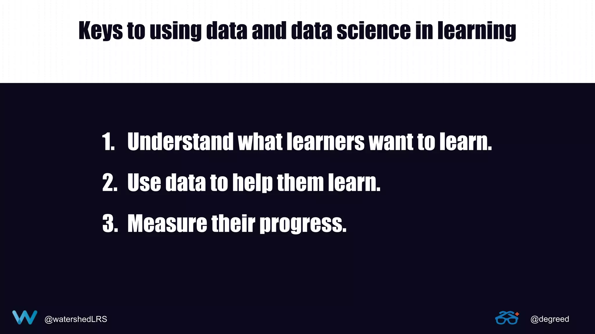 @watershedLRS @degreed
Keys to using data and data science in learning
1. Understand what learners want to learn.
2. Use data to help them learn.
3. Measure their progress.
 