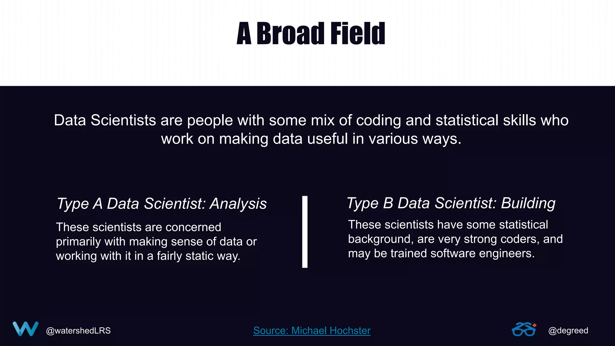 @watershedLRS @degreed
A Broad Field
Data Scientists are people with some mix of coding and statistical skills who
work on making data useful in various ways.
Source: Michael Hochster
Type A Data Scientist: Analysis Type B Data Scientist: Building
These scientists have some statistical
background, are very strong coders, and
may be trained software engineers.
These scientists are concerned
primarily with making sense of data or
working with it in a fairly static way.
 