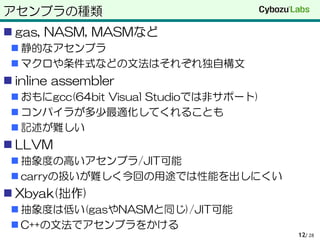 アセンブラの種類
 gas, NASM, MASMなど
 静的なアセンブラ
 マクロや条件式などの文法はそれぞれ独自構文
 inline assembler
 おもにgcc(64bit Visual Studioでは非サポート)
 コンパイラが多少最適化してくれることも
 記述が難しい
 LLVM
 抽象度の高いアセンブラ/JIT可能
 carryの扱いが難しく今回の用途では性能を出しにくい
 Xbyak(拙作)
 抽象度は低い(gasやNASMと同じ)/JIT可能
 C++の文法でアセンブラをかける
/ 2812
 