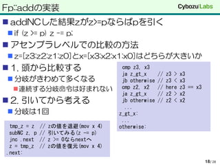 Fp::addの実装
 addNCした結果zがz>=pならばpを引く
 if (z >= p) z -= p;
 アセンブラレベルでの比較の方法
 z=[z3:z2:z1:z0]とx=[x3:x2:x1:x0]はどちらが大きいか
 1. 頭から比較する
 分岐がきわめて多くなる
連続する分岐命令は好まれない
 2. 引いてから考える
 分岐は1回
/ 2818
cmp z3, x3
ja z_gt_x // z3 > x3
jb otherwise // z3 < x3
cmp z2, x2 // here z3 == x3
ja z_gt_x // z2 > x2
jb otherwise // z2 < x2
...
z_gt_x:
...
otherwise:tmp_z = z // zの値を退避(mov x 4)
subNC z, p // 引いてみる(z -= p)
jnc .next // z >= 0ならnextへ
z = tmp_z // zの値を復元(mov x 4)
.next:
 