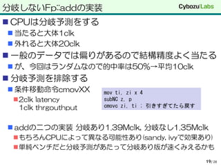 分岐しないFp::addの実装
 CPUは分岐予測をする
 当たると大体1clk
 外れると大体20clk
 一般のデータでは偏りがあるので結構精度よく当たる
 が、今回はランダムなので的中率は50%→平均10clk
 分岐予測を排除する
 条件移動命令cmovXX
2clk latency
1clk thrgouthput
 addの二つの実装 分岐あり1.39Mclk, 分岐なし1.35Mclk
もちろんCPUによって異なる可能性あり(sandy, ivyで効果あり)
単純ベンチだと分岐予測があたって分岐あり版が速くみえるかも
/ 2819
mov ti, zi x 4
subNC z, p
cmovc zi, ti ; 引きすぎてたら戻す
 