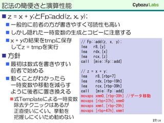 記法の簡便さと演算性能
 z = x + y;とFp::add(z, x, y);
 一般的に前者の方が書きやすく可読性も高い
 しかし隠れた一時変数の生成とコピーに注意する
 x + yの結果をtmpに保存
してz = tmpを実行
 方針
 最初は数式を書きやすい
前者で始める
 動くことがわかったら
一時変数や移動を減らす
ように後者に置き換える
式Templateによる一時変数
除去テクニックはあるが
正直使いにくい、挙動を
把握しにくいため勧めない
/ 2827
// Fp::add(z, x, y);
lea r8,[y]
lea rdx,[x]
lea rcx,[z]
call [mie::Fp::add]
// z = x + y;
lea r8,[rbp+7]
lea rdx,[rbp-19h]
lea rcx,[rbp-39h]
call [mie::Fp::add]
movaps xmm0,[rbp-39h] //データ移動
movaps [rbp+37h],xmm0
movaps xmm1,[rbp-29h]
movaps [rbp+47h],xmm1
 