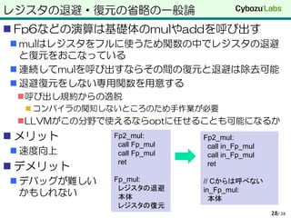  Fp6などの演算は基礎体のmulやaddを呼び出す
 mulはレジスタをフルに使うため関数の中でレジスタの退避
と復元をおこなっている
 連続してmulを呼び出すならその間の復元と退避は除去可能
 退避復元をしない専用関数を用意する
呼び出し規約からの逸脱
 コンパイラの関知しないところのため手作業が必要
LLVMがこの分野で使えるならoptに任せることも可能になるか
 メリット
 速度向上
 デメリット
 デバッグが難しい
かもしれない
Fp2_mul:
call Fp_mul
call Fp_mul
ret
Fp_mul:
レジスタの退避
本体
レジスタの復元
レジスタの退避・復元の省略の一般論
/ 2828
Fp2_mul:
call in_Fp_mul
call in_Fp_mul
ret
// Cからは呼べない
in_Fp_mul:
本体
 