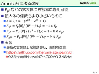 Aranhaらによる改良
 𝐹 𝑝6などの拡大体にも容易に適用可能
 拡大体の係数もより小さいものに
 𝑏 = 2, z = −(262 + 255 + 1)
 𝐹 𝑝2 = 𝐹𝑝 U / U2 − 𝛽 , 𝛽 = −1 ∈ 𝐹𝑝
 𝐹 𝑝6 = 𝐹 𝑝2 V / V3
− 𝜉 , 𝜉 = 1 + U ∈ 𝐹 𝑝2
 𝐹 𝑝12 = 𝐹 𝑝6 W / W2 − V , 𝛾 = 𝑉 ∈ 𝐹 𝑝6
 実装
 最新の実装は上記を踏襲し，細部を改良
 https://github.com/herumi/ate-pairing/
0.35msec@Haswell(i7-4700MQ 3.4GHz)
/ 288
 