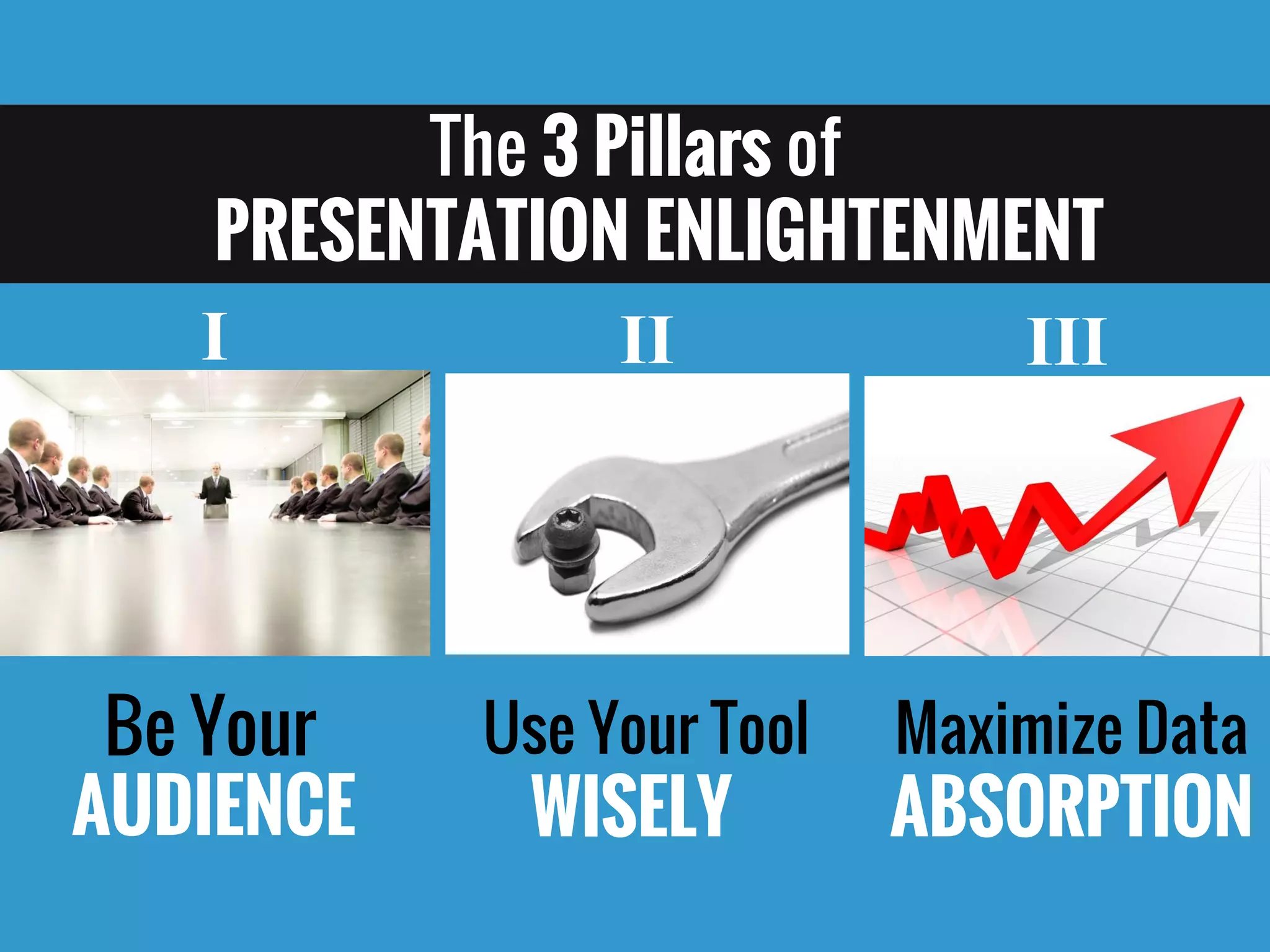 The 3 Pillars of PRESENTATION ENLIGHTENMENT 
Be Your 
AUDIENCE 
Use Your ToolWISELY 
Maximize DataABSORPTION 
I 
II 
III  