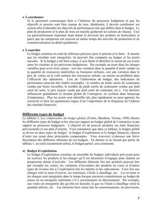 2
• À coordonner
Si le personnel communique bien à l’intérieur du processus budgétaire et que les
objectifs et moyens sont bien connus de tous, idéalement, il devrait coordonner ses
actions afin d’atteindre les objectifs de performances tels que définis dans le budget. Le
plan de production et le plan de mise en marché guideront les actions de chacun. Ceci
est particulièrement important étant donné la diversité des produits en horticulture et
parce que les entreprises ont souvent en même temps des activités de production et de
commercialisation au détail (jardinerie).
• À contrôler
Le budget constitue un outil de référence précieux pour le présent et le futur. À mesure
que les résultats sont enregistrés, ils peuvent être comparés au budget et les écarts
mesurés. Si le budget a été bien conçu, il sera facile d’identifier la raison de ces écarts
entre les résultats et les prévisions budgétaires. Par exemple un écart dans les charges
variables peut avoir trois causes : soit une variation dans la quantité d’unité vendus ou
la quantité de ressources matérielles ou humaines utilisées, soit une variation dans le
prix de ventes ou le coût unitaire des ressources utilisés, ou encore un problème dans
l’efficacité des opérations. Lors de l’élaboration du budget, des indicateurs de
performance peuvent être établis (exemples : le nombre de pieds carrés de contenants
vendus par heure travaillée, le nombre de pieds carrés de contenants vendus par pied
carré de serre, le prix moyen vendu par pied carré de contenant, etc.). Ces derniers
influencent grandement le résultat global de l’entreprise, ils revêtent donc beaucoup
d’importance. Plus les écarts sont identifiés tôt, plus rapidement on peut apporter les
correctifs et faire les ajustements requis d’où l’importance de la fréquence de l’édition
des résultats financiers.
Différents types de budget
Le tableau 1, Les composantes du budget global, (Fortin, Mandron, Vézina, 1999) illustre
les différents types de budget et les situe par rapport au budget global de l’entreprise et par
rapport au processus budgétaire. L’objectif est de pouvoir produire ses états financiers
prévisionnels et son plan d’actions. Vous constaterez que dans ce tableau, le budget global
se divise en deux types de budget : le budget d’exploitation et le budget financier; chacun
d’entre eux ayant deux principales composantes. Vous trouverez ci-dessous une brève
description des différents éléments de ces budgets. En dernier et ne faisant pas partie du
tableau 1, un outil couramment utilisé, le budget partiel, sera commenté.
a) Budget d’exploitation
Le budget d’exploitation constitue un ensemble de budgets individuels prévoyant pour
un exercice les produits et les charges qu’il est nécessaire d’engager pour réaliser un
programme donné d’activités. Les différents éléments liés aux produits peuvent être
par exemple les ventes, les variations d’inventaire des produits en cours et d’autres
types de revenus liés à l’exploitation tels les intérêts et des subventions. Ceux liés aux
charges sont la main d’oeuvre, les matériaux, l’huile à chauffage, etc.. Les revenus et
les charges sont enregistrés dans le temps lorsque encourus contrairement au budget de
caisse ou on enregistre seulement s’il y encaissement ou décaissement. Par exemple,
une vente est enregistrée dès qu’elle est facturée, le gaz ou l’huile à chauffage selon la
quantité utilisée, etc. Les éléments hors caisse tels les amortissements, les provisions,
 