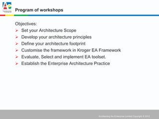 Program of workshops


Objectives:
 Set your Architecture Scope
 Develop your architecture principles
 Define your architecture footprint
 Customise the framework in Kroger EA Framework
 Evaluate, Select and implement EA toolset.
 Establish the Enterprise Architecture Practice




                                     Architecting the Enterprise Limited Copyright © 2012
 