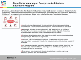 Benefits for creating an Enterprise Architecture
                Education Program

Enterprise Architecture creates the structure for business resources to achieve success in chosen markets.
By enabling the efficient alignment of an organisation’s strategic business goals and capabilities, Enterprise
Architecture empowers the organisation to deliver extra value and achieve substantial success.




                            Investment in developing people through education & training creates thinkers,
                            problem solvers, universal standards and improves communication in the workplace.

                            A structured approach by using open source best practices such as TOGAF® &
                            ArchiMate® ensures senior executives see tangible results, aligned to the business
                            strategy for their commitment to the Enterprise Architecture practice.

                            Encouraging the development of best practices standards and competencies enables
                            interoperability at all levels of the organisation.

                            Employing TOGAF® as a best practice gives a full audit trail of your business
                            improvement and processes in line with your statutory requirements, business goals and
                            strategies.

                            The standards have been specifically developed to be vendor neutral, not locking you
                            into one vendor or set of solutions & allowing you full control of your systems as you
                            evolve your Enterprise Architecture.

                            Organisations promote a climate of continuous business evolution, improving
                            everyone’s quality of work and deliverables.



       SLIDE 7 of                                                          Architecting the Enterprise Limited Copyright © 2012
 