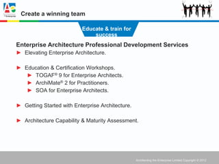 Create a winning team

                          Educate & train for
                              success
Enterprise Architecture Professional Development Services
► Elevating Enterprise Architecture.

► Education & Certification Workshops.
   ► TOGAF® 9 for Enterprise Architects.
   ► ArchiMate® 2 for Practitioners.
   ► SOA for Enterprise Architects.

► Getting Started with Enterprise Architecture.

► Architecture Capability & Maturity Assessment.




                                                  Architecting the Enterprise Limited Copyright © 2012
 