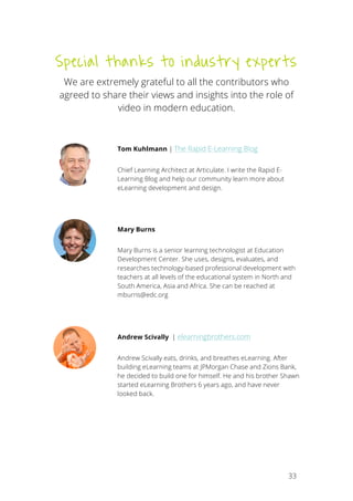   33
Special thanks to industry experts
We are extremely grateful to all the contributors who
agreed to share their views and insights into the role of
video in modern education.
Tom Kuhlmann | The Rapid E-Learning Blog
Chief Learning Architect at Articulate. I write the Rapid E-
Learning Blog and help our community learn more about
eLearning development and design.
Mary Burns
Mary Burns is a senior learning technologist at Education
Development Center. She uses, designs, evaluates, and
researches technology-based professional development with
teachers at all levels of the educational system in North and
South America, Asia and Africa. She can be reached at
mburns@edc.org
Andrew Scivally | elearningbrothers.com
Andrew Scivally eats, drinks, and breathes eLearning. After
building eLearning teams at JPMorgan Chase and Zions Bank,
he decided to build one for himself. He and his brother Shawn
started eLearning Brothers 6 years ago, and have never
looked back.
 