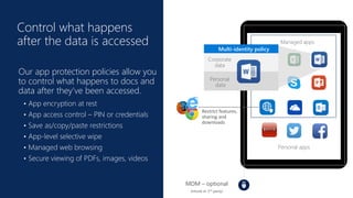Click to edit Master title
style Managed apps
Personal appsPersonal apps
Managed apps
MDM – optional
(Intune or 3rd-party)
Our app protection policies allow you
to control what happens to docs and
data after they’ve been accessed.
• App encryption at rest
• App access control – PIN or credentials
• Save as/copy/paste restrictions
• App-level selective wipe
• Managed web browsing
• Secure viewing of PDFs, images, videos
Control what happens
after the data is accessed
Corporate
data
Personal
data
Multi-identity policy
 