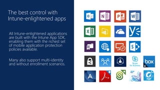 Click to edit Master title
style
The best control with
Intune-enlightened apps
All Intune-enlightened applications
are built with the Intune App SDK,
enabling them with the richest set
of mobile application protection
policies available.
Many also support multi-identity
and without enrollment scenarios.
 