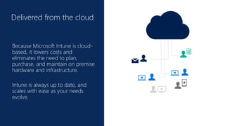 Click to edit Master title
style
Delivered from the cloud
Because Microsoft Intune is cloud-
based, it lowers costs and
eliminates the need to plan,
purchase, and maintain on premise
hardware and infrastructure.
Intune is always up to date, and
scales with ease as your needs
evolve.
 