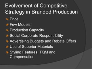 Evolvement of Competitive Strategy in Branded Production<br />Price<br />Few Models<br />Production Capacity<br />Social C...