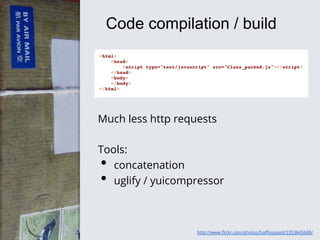 Code compilation / build

Much less http requests
Tools:
concatenation
uglify / yuicompressor

• 
• 

http://www.ﬂickr.com/photos/halfbisqued/2353845688/

 