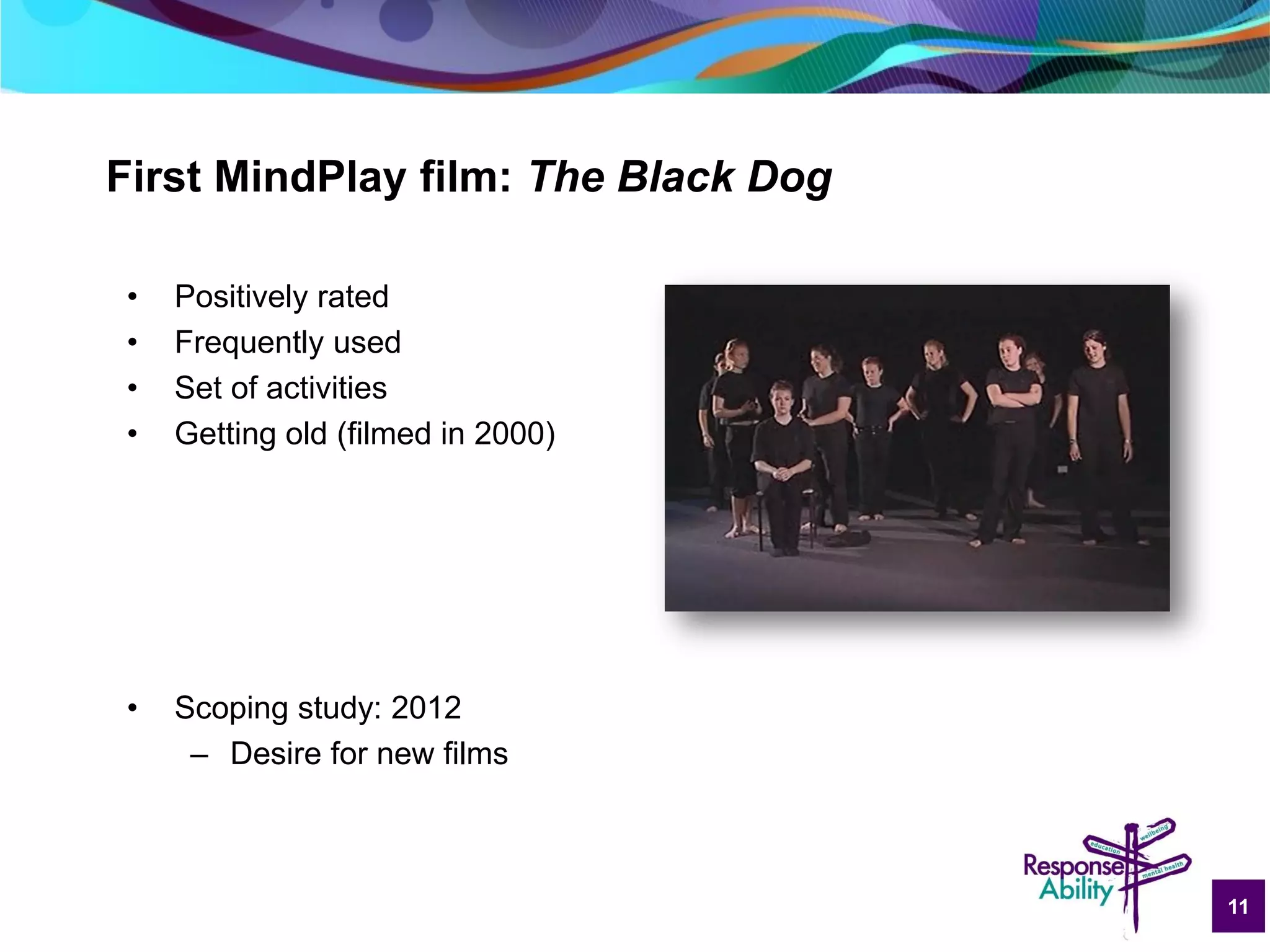 11
First MindPlay film: The Black Dog
• Positively rated
• Frequently used
• Set of activities
• Getting old (filmed in 2000)
• Scoping study: 2012
– Desire for new films
 