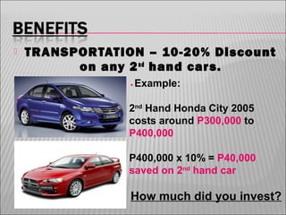 

TRANSPORTATION – 10-20% Discount
on any 2 nd hand cars.
۰Example:
2nd Hand Honda City 2005
costs around P300,000 to
P400,000
P400,000 x 10% = P40,000
saved on 2nd hand car

How much did you invest?

 