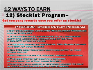 

12) Stockist Program–

Get company rewards once you refer an stockist

 