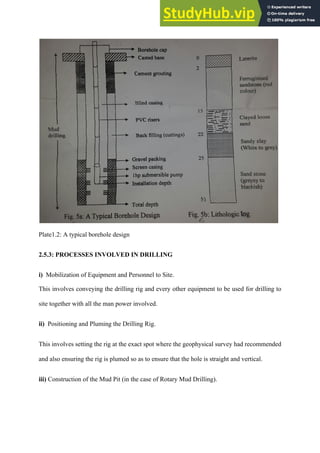 Plate1.2: A typical borehole design
2.5.3: PROCESSES INVOLVED IN DRILLING
i) Mobilization of Equipment and Personnel to Site.
This involves conveying the drilling rig and every other equipment to be used for drilling to
site together with all the man power involved.
ii) Positioning and Pluming the Drilling Rig.
This involves setting the rig at the exact spot where the geophysical survey had recommended
and also ensuring the rig is plumed so as to ensure that the hole is straight and vertical.
iii) Construction of the Mud Pit (in the case of Rotary Mud Drilling).
 