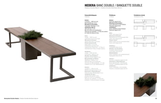 HEDERA BANC DOUBLE / BANQUETTE DOUBLE
                                                         Hedera Double Bench / Hedera Double Backless Bench



                                                         Caractéristiques                                Finitions                                 Cotations (mm)
                                                         Features                                        Finishes                                  Dimensions (mm)

                                                         Assise :                                        Assise :




                                                                                                                                                                        500
                                                         Longueur : 1300 mm (x2)                         Nuancier page 62-63
                                                         Bois stratifié ép. 8 mm                         Structure & Accoudoir :
                                                         Structure & Accoudoir :                         Acier galvanisé et thermolaqué                          3100
                                                         Tube acier 40x40 ép. 3 mm                       Nuancier page 62-63
                                                         Jardinières (qté 2) :                           Jardinières :




                                                                                                                                                                        500
                                                         Tôle acier ép. 2 mm                             Acier métallisé et thermolaqué
                                                         Bac de culture en polyéthylène                  Nuancier page 62-63
                                                         Volumes par jardinière : 27 litres de subtrat
                                                         et 3 litres de réserve d’eau                    Seat :
                                                                                                         Color chart page 62-63
                                                         Seat :                                          Structure & Armrest :




                                                                                                                                                                        500
                                                         Length : 1300 mm (x2)                           Galvanized and hot lacquered steel
                                                         Laminated wood 8 mm thick                       Color chart page 62-63
                                                         Structure & Armrest :                           Flower boxes :                                          3100
                                                         40x40 steel tube 3 mm thick                     Metal coated and hot lacquered steel
                                                         Flower boxes (2 off) :                          Color chart page 62-63




                                                                                                                                                                        675
                                                         Steel sheet 2 mm thick
                                                         Polyethylene planting liner                     Sitzfläche :
                                                         Capacity per Flower box : 27 litres of          Farbpalette Seite 62-63
                                                         substrate and 3 litres of water reserve         Struktur und Armlehne :
                                                                                                         Zinkstahl einbrennlackiert
                                                         Sitzfläche :                                    Farbpalette Seite 62-63
                                                         Länge : 1.300 mm (x2)                           Blumenkästen :
                                                         Schichtholz, Stärke 8 mm                        Stahl metallisiert und einbrennlackiert
                                                         Struktur und Armlehne :                         Farbpalette Seite 62-63
                                                         Stahlrohr 40x40, Stärke 3 mm
                                                         Blumenkästen (2 Stück) :                        Asiento :
                                                         Stahlblech, Stärke 2 mm                         Colores y acabados página 62-63
                                                         Pflanzeinsatz aus Polyethylen                   Estructura y Reposabrazos :
                                                         Volumen pro Blumenkasten : 27 Liter             Acero galvanizado y termolacado
                                                         Substrat und 3 Liter Wasserreservoir            Colores y acabados página 62-63
                                                                                                         Jardineras :
                                                         Asiento :                                       Acero metalizado y termolacado
                                                         Longitud : 1.300 mm (x2)                        Colores y acabados página 62-63
                                                         Madera laminada grosor 8 mm
                                                         Estructura y Reposabrazos :
                                                         Tubo de acero 40x40 grosor 3 mm
                                                         Jardineras (2 uds.) :
                                                         Chapa acero grosor 2 mm
                                                         Base de cultivo en polietileno
                                                         Volumen por jardinera : 27 litros de
                                                         sustrato y 3 litros de reserva de agua




Banquette Double Hedera / Hedera Double Backless Bench                                                                                                                  23
                                                                                                                                                                        01
 